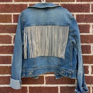Women’s Hand Embellished Rhinestone Fringe Denim Jean Jacket size Small